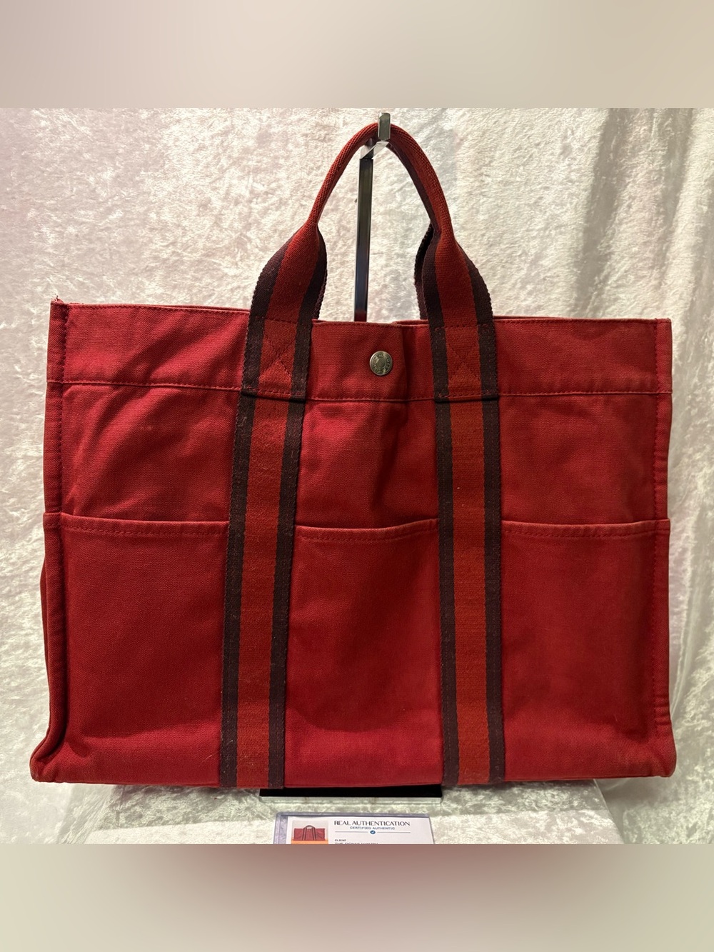 Hermès Fourre-Tout Canvas Large Tote Bag Red brown stripe COA - Picture 4 of 13